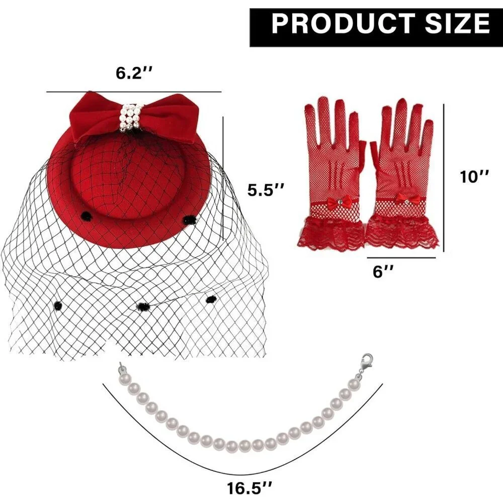 Women's Vintage Tea Party Hat Set Mesh Veil Lace Gloves Pearl Necklace Red